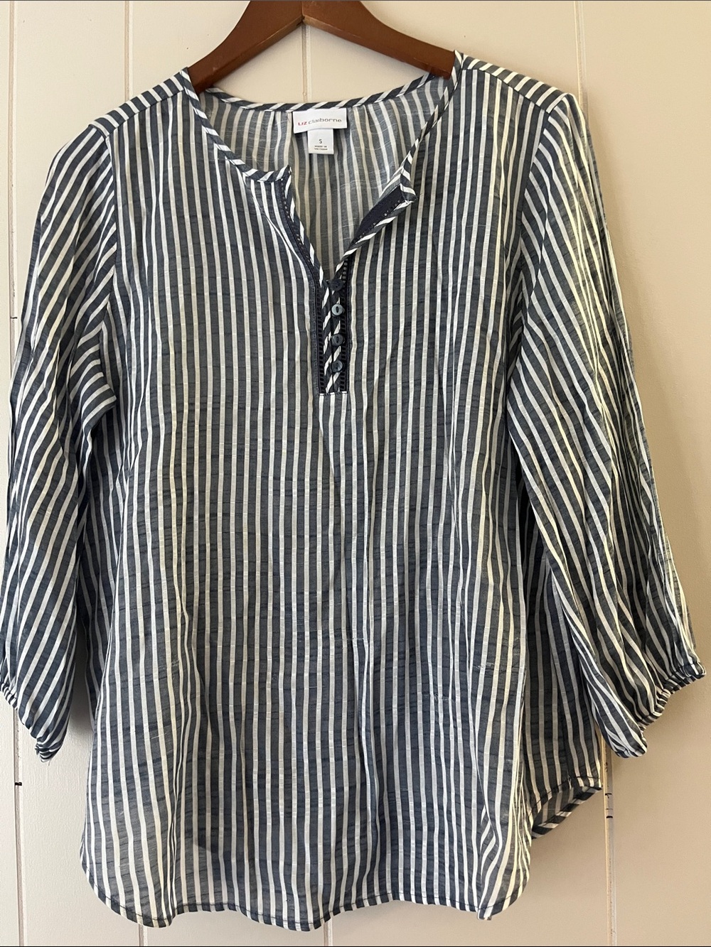 Liz Claiborne Navy and White Vertical Stripe Henley Tunic